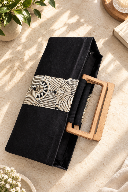 کیف هابنا دسته چوبی مشکی با تکه سوزندوزی
